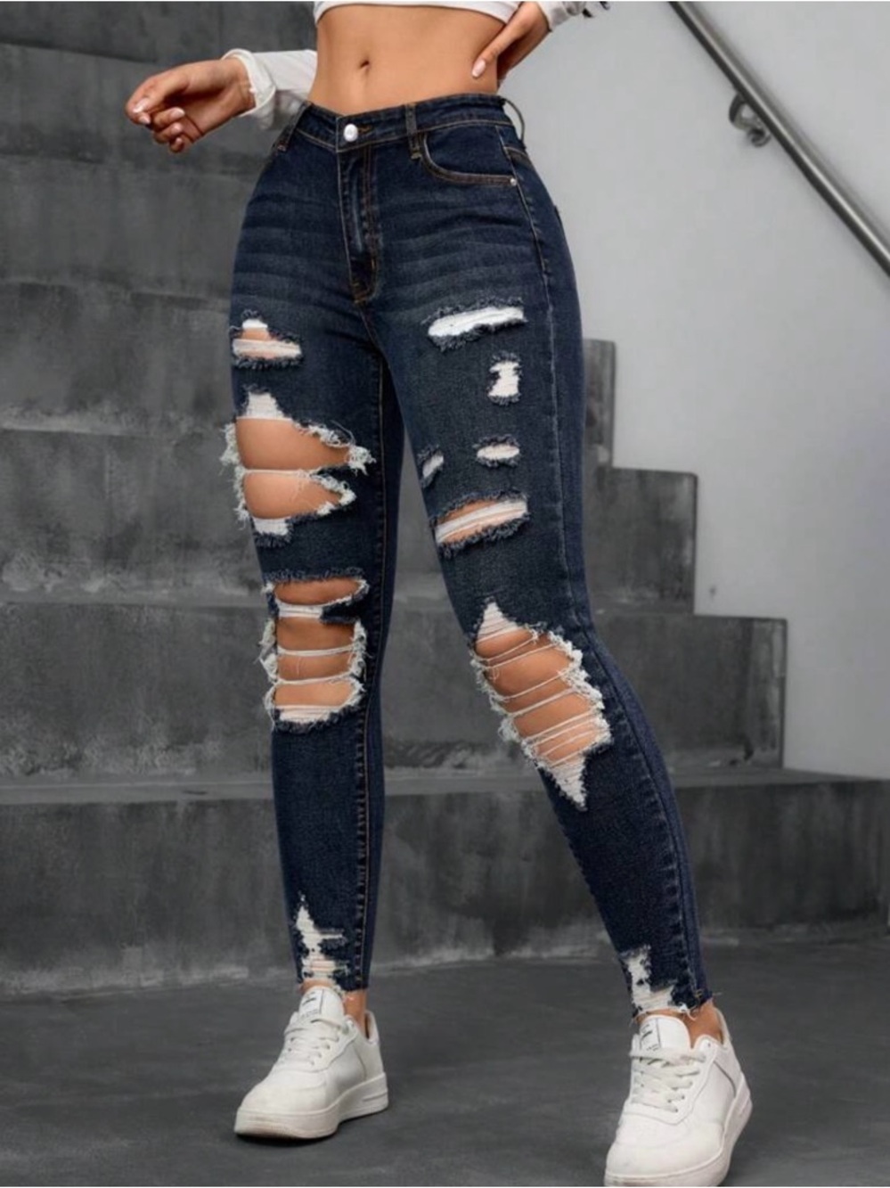 High-Waisted Dark Blue Ripped Skinny Jeans for Women